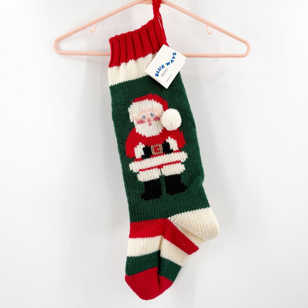 Vintage Christmas Stocking Wool Blend Belgium Yarn Knit in USA Handmade Santa